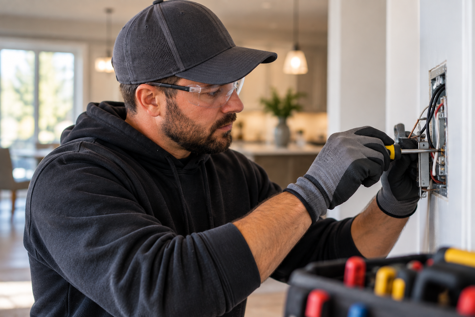 Licensed electrician in Denver repairing electrical wiring in a residential property.