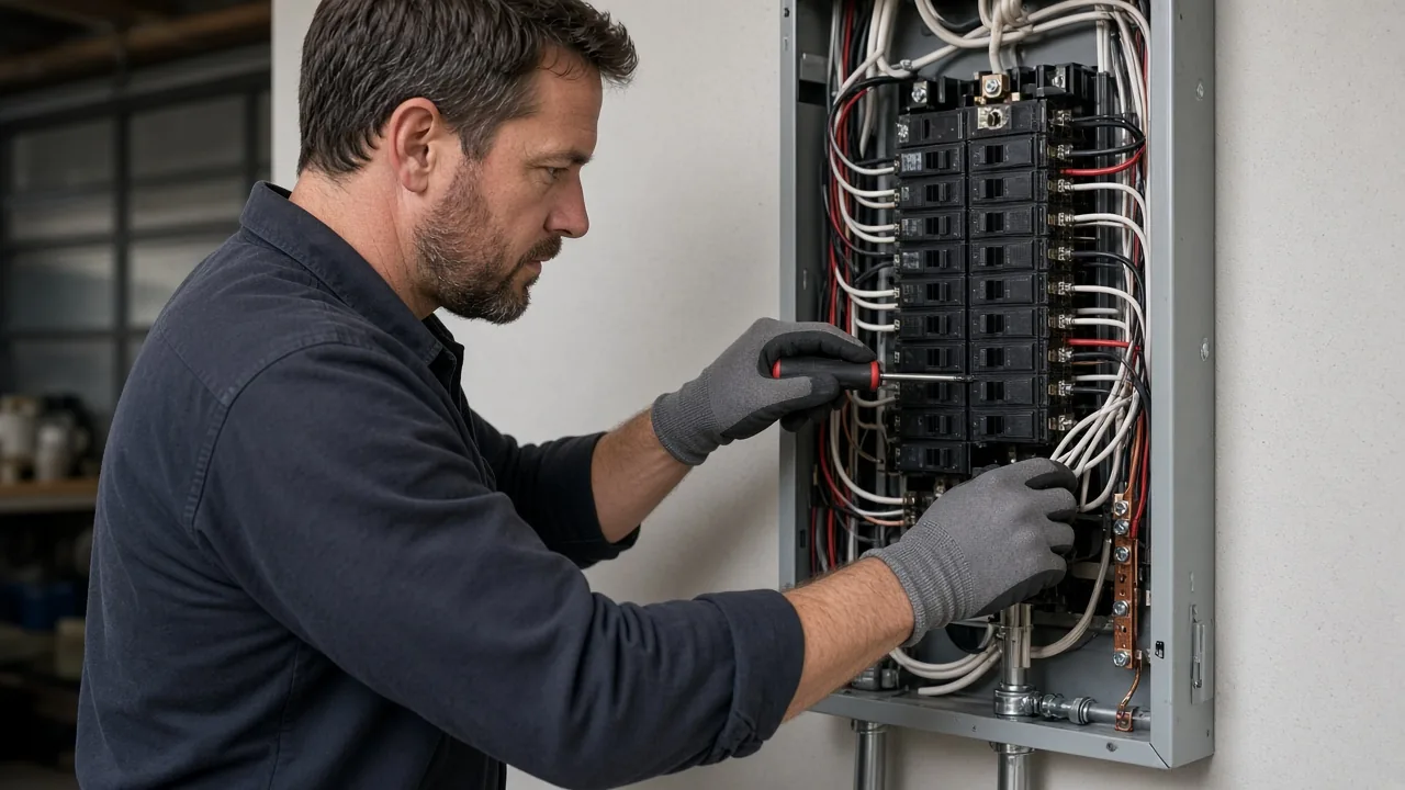 Licensed electrician performing an electrical panel upgrade on a Denver-metro home